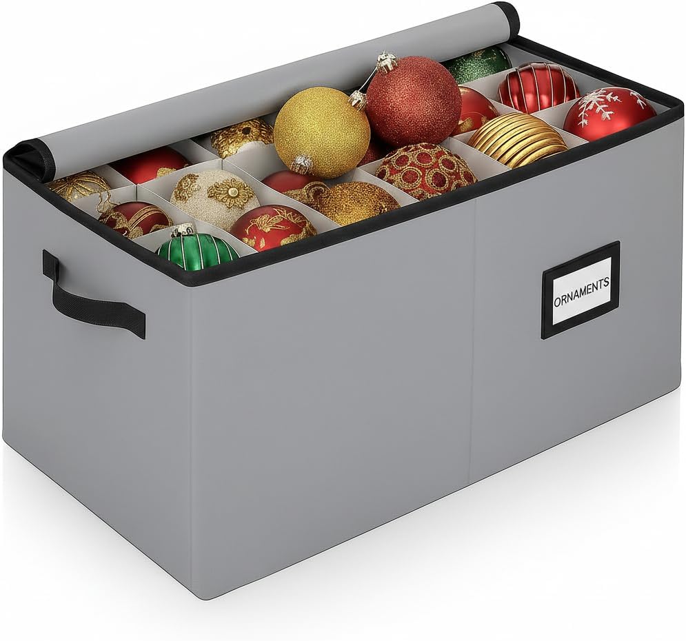 Christmas Ornament Storage Container with Dividers - Box Stores Up to 54 Ornaments. Zippered. Convenient. Adjustable. Large Organizer Bin to Protect Holiday Décor. Fits Most Standard Size. Grey