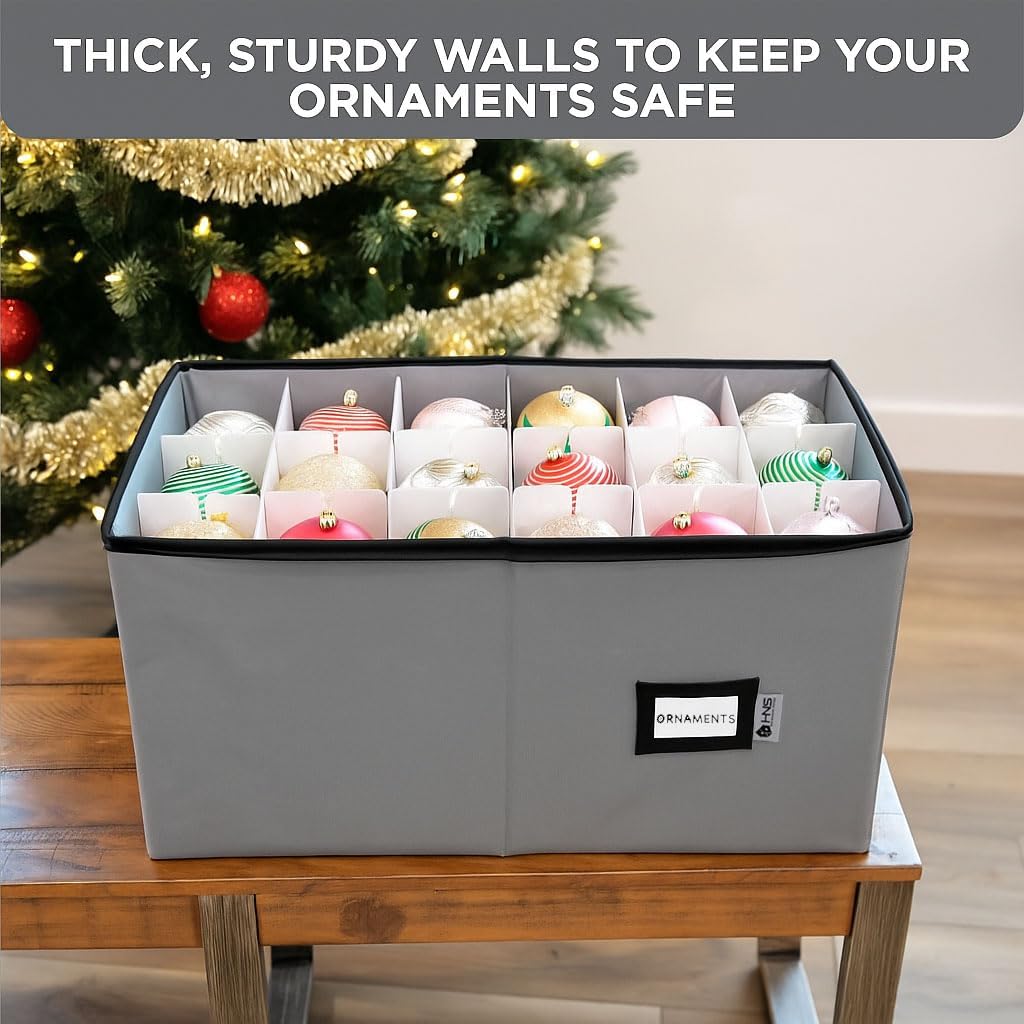 Christmas Ornament Storage Container with Dividers - Box Stores Up to 54 Ornaments. Zippered. Convenient. Adjustable. Large Organizer Bin to Protect Holiday Décor. Fits Most Standard Size. Grey - Image 6