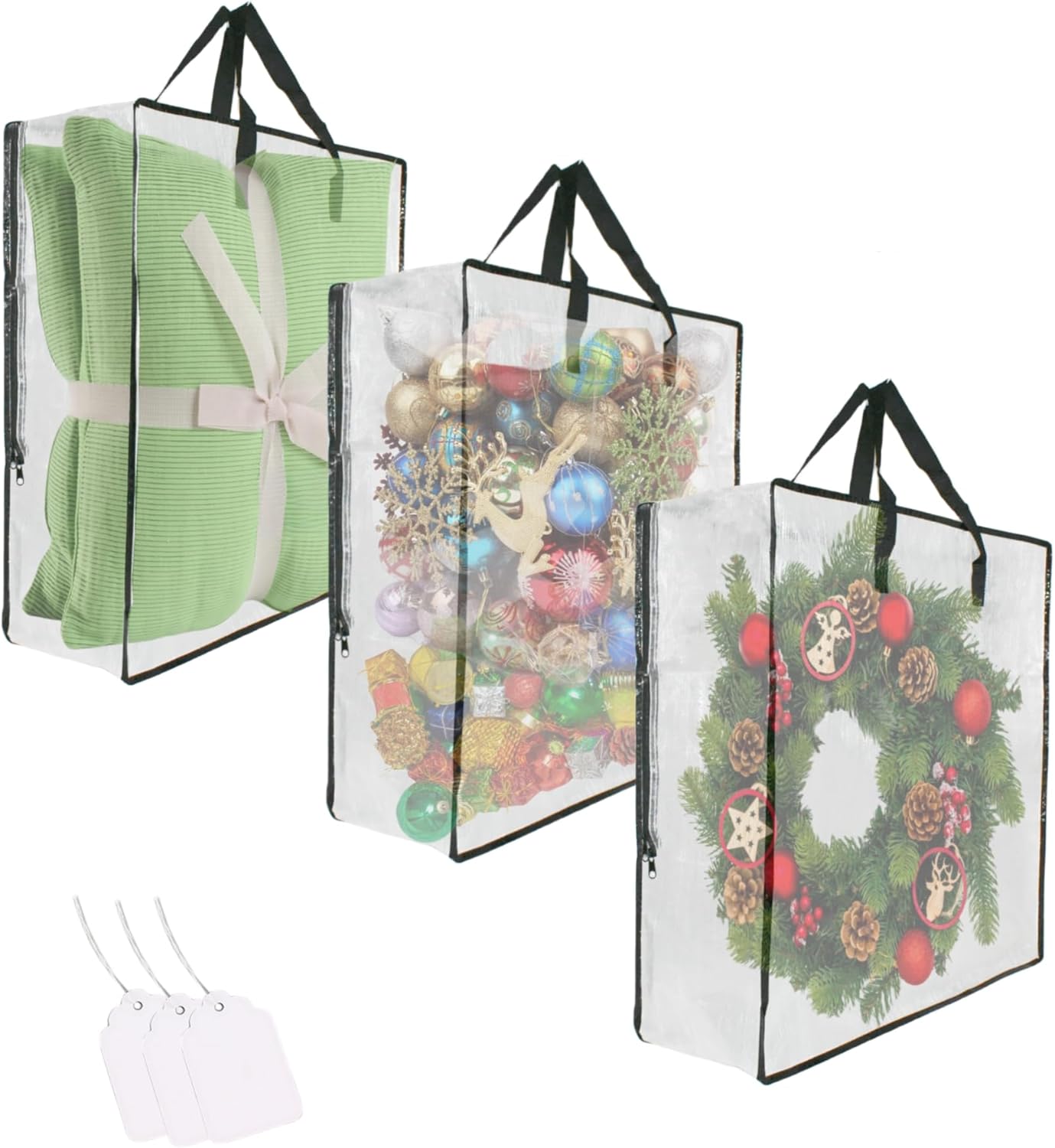 3 Pack Clear Bags with Zipper and Handles. Halloween Christmas Wreath Storage. Gift Bag Organizer. Moving Boxes Alternative. Under the Bed Storage