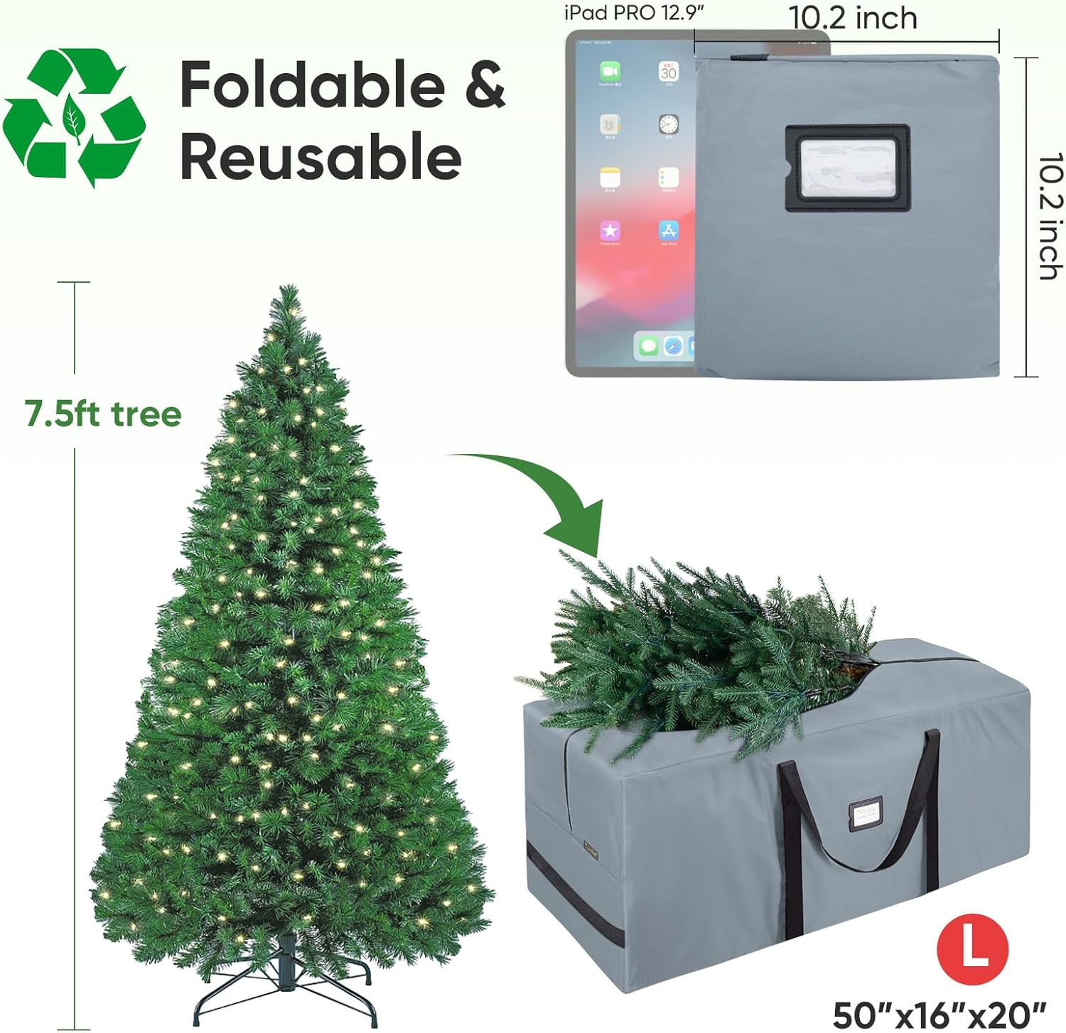 BALEINE 7.5 ft Christmas Tree Storage Bag. Heavy Duty 900D Oxford Fabric with Reinforced Handles and Dual Zippers Wide Opening. Extra Large Storage Container for Trees and Decorations (Grey) - Image 2
