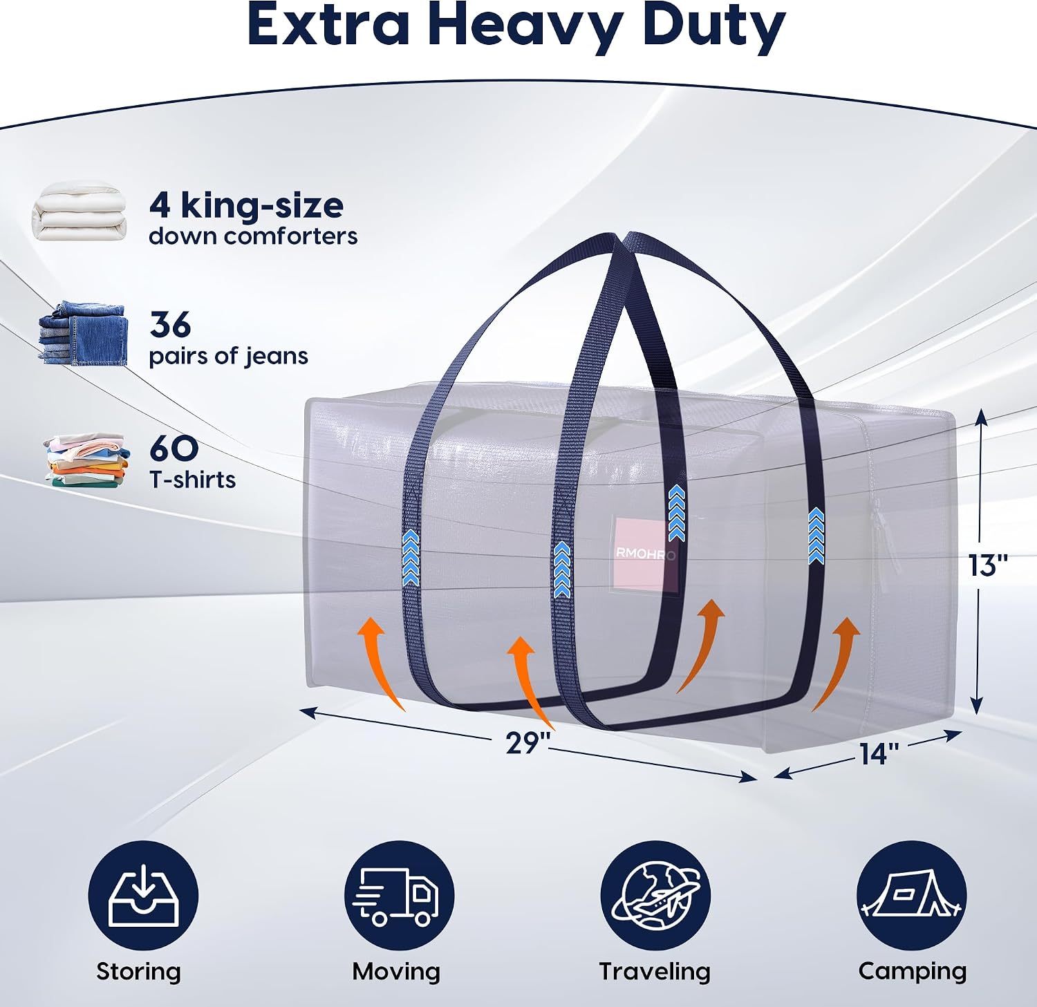 6 Pack Moving Bags Heavy Duty 210GSM with Full-Open Side Zipper. 93L 220lbs Waterproof Foldable Storage Totes for College Dorm Move-In. Moving Boxes Alternative & Home Organization. Blue - Image 2