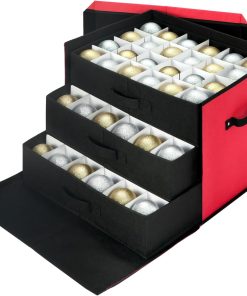 JY COOKMENT Christmas Ornament Storage Box with Adjustable Dividers. Large Holiday Ornaments Storage Container Bin with Lid for Xmas Decorations (72-3 Balls. Red. With Removable Tray)