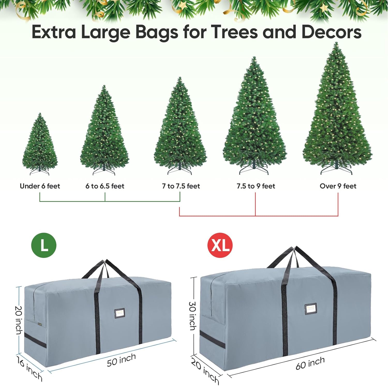 BALEINE 7.5 ft Christmas Tree Storage Bag. Heavy Duty 900D Oxford Fabric with Reinforced Handles and Dual Zippers Wide Opening. Extra Large Storage Container for Trees and Decorations (Grey) - Image 4