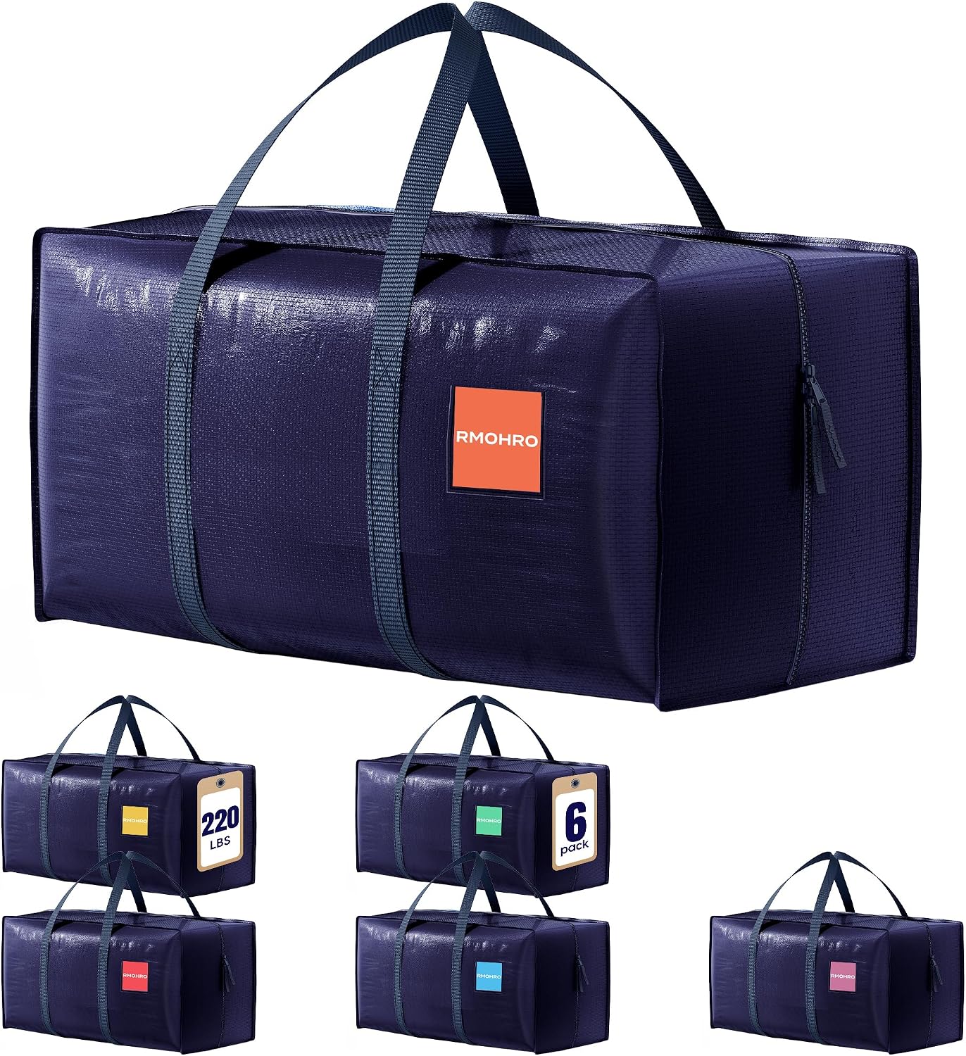 6 Pack Moving Bags Heavy Duty 210GSM with Full-Open Side Zipper. 93L 220lbs Waterproof Foldable Storage Totes for College Dorm Move-In. Moving Boxes Alternative & Home Organization. Blue