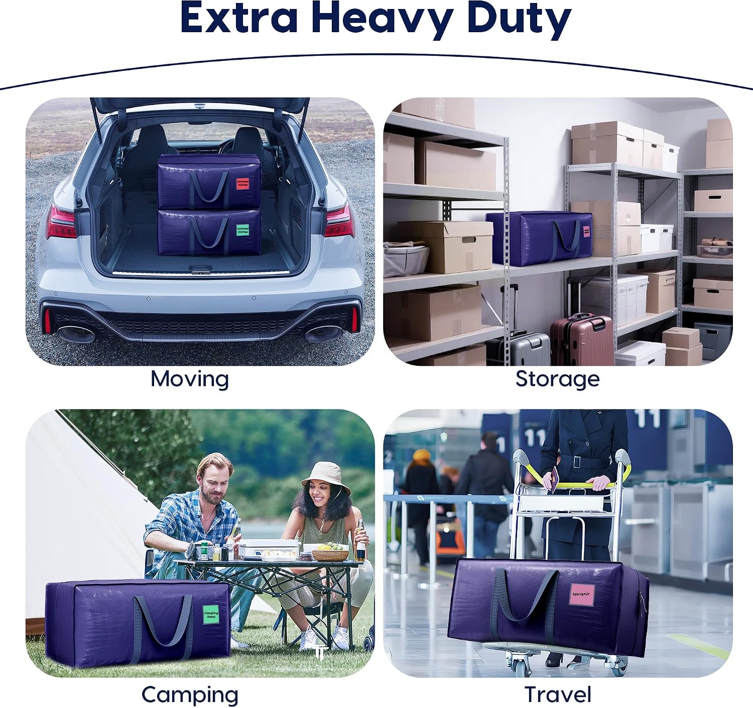 6 Pack Moving Bags Heavy Duty 210GSM with Full-Open Side Zipper. 93L 220lbs Waterproof Foldable Storage Totes for College Dorm Move-In. Moving Boxes Alternative & Home Organization. Blue - Image 7