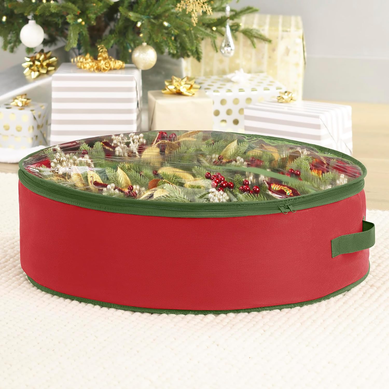 Whitmor Red Wreath and Garland Storage Bag – Fits up to 30 Wreath. Tear-Resistant PE Material with Clear Top. Reinforced Handles & Zipper for Artificial Wreath. Garland and Holiday Decor Organization - Image 3
