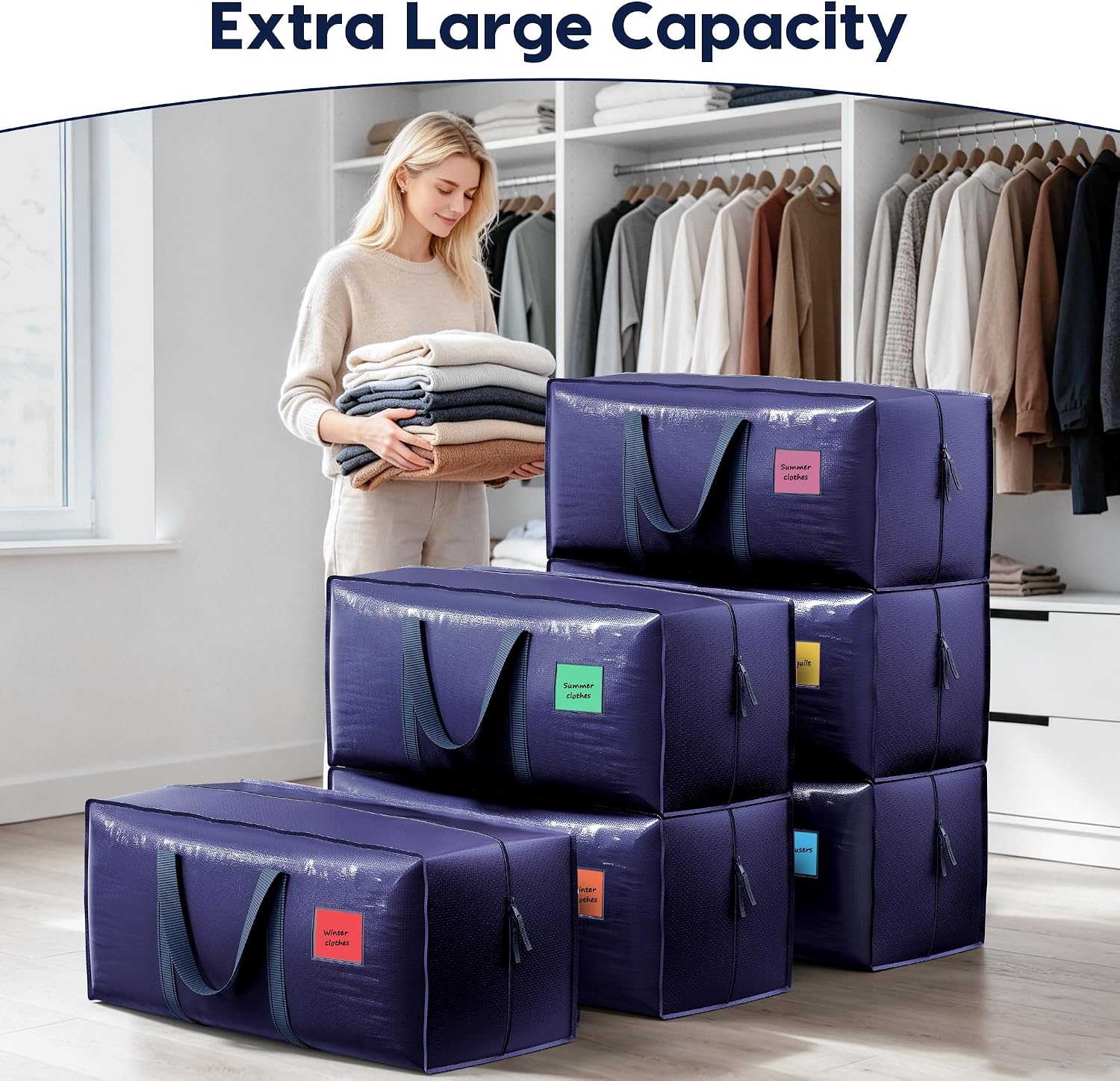 6 Pack Moving Bags Heavy Duty 210GSM with Full-Open Side Zipper. 93L 220lbs Waterproof Foldable Storage Totes for College Dorm Move-In. Moving Boxes Alternative & Home Organization. Blue - Image 4